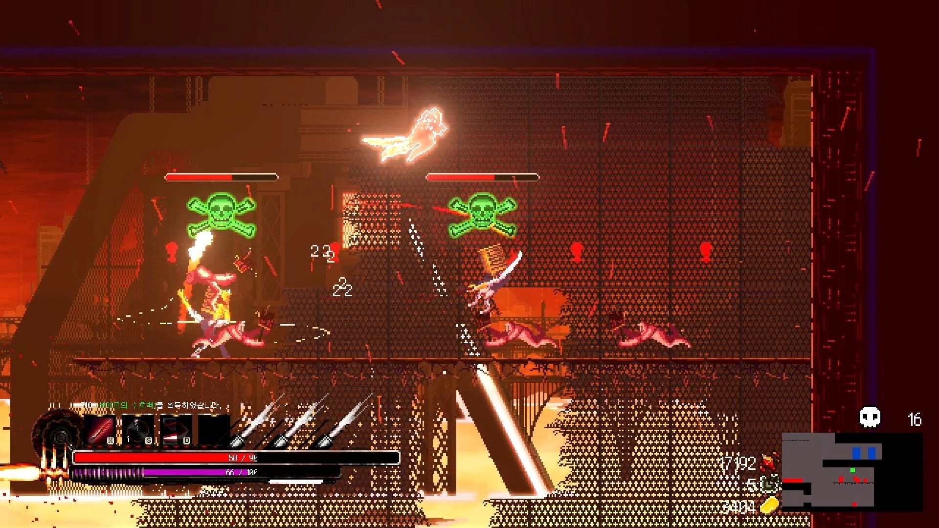 HellPunk: Asher Drake battles enemies with health bars in a fiery industrial setting, UI elements visible.