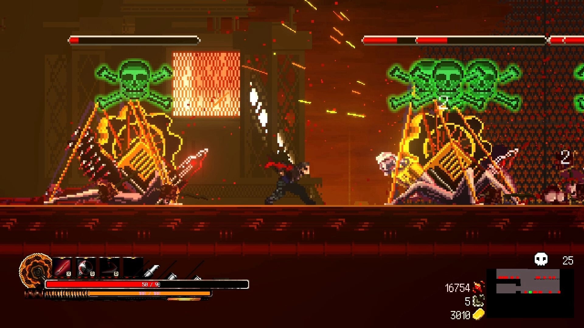 HellPunk: Asher Drake battles skeletons in fiery dungeon corridor, health and inventory displayed below