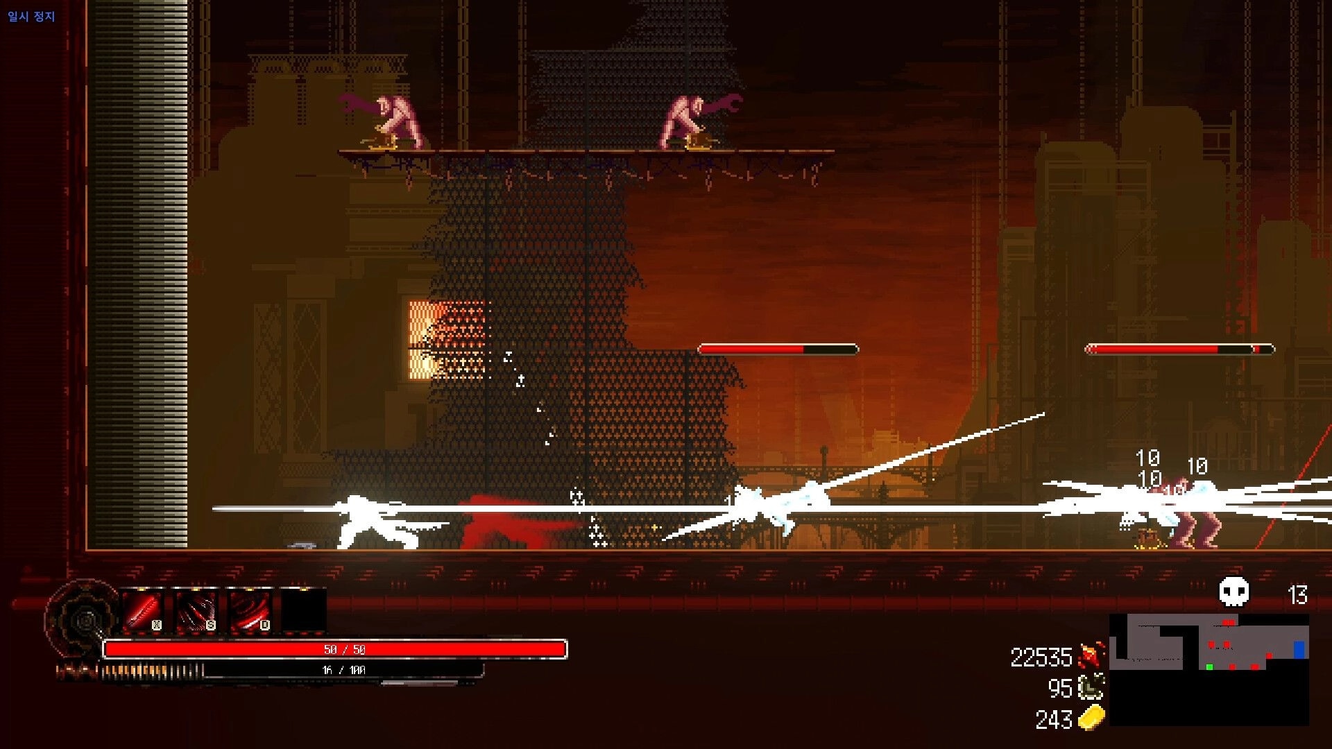 HellPunk: Asher Drake battles enemies with sword, health bars visible in industrial tower setting