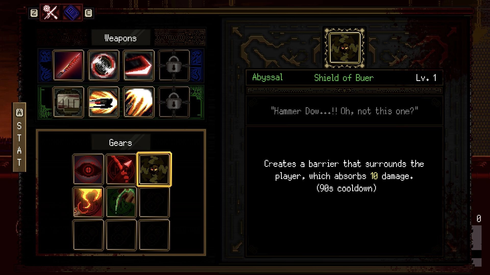 HellPunk: Inventory screen showing weapons, gears, and Shield of Buer description in dark interface.