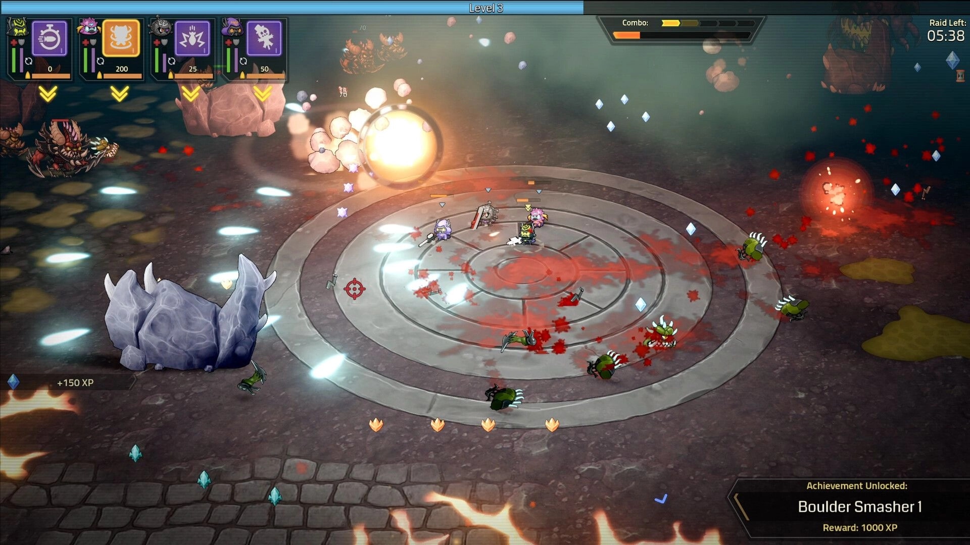 Hellrifters: Squad fights bugs amid explosions and loot crystals on a circular arena with combo UI and timer.