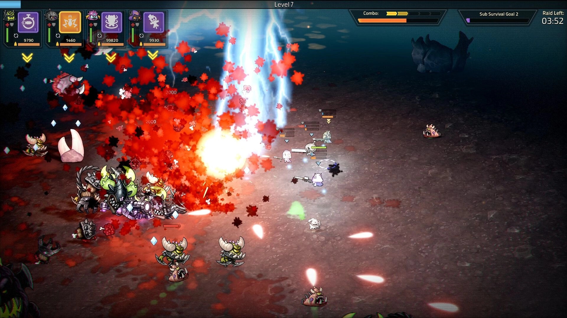 Hellrifters: Squad fires at demon horde amid blood explosion and lightning strikes on dark wasteland.