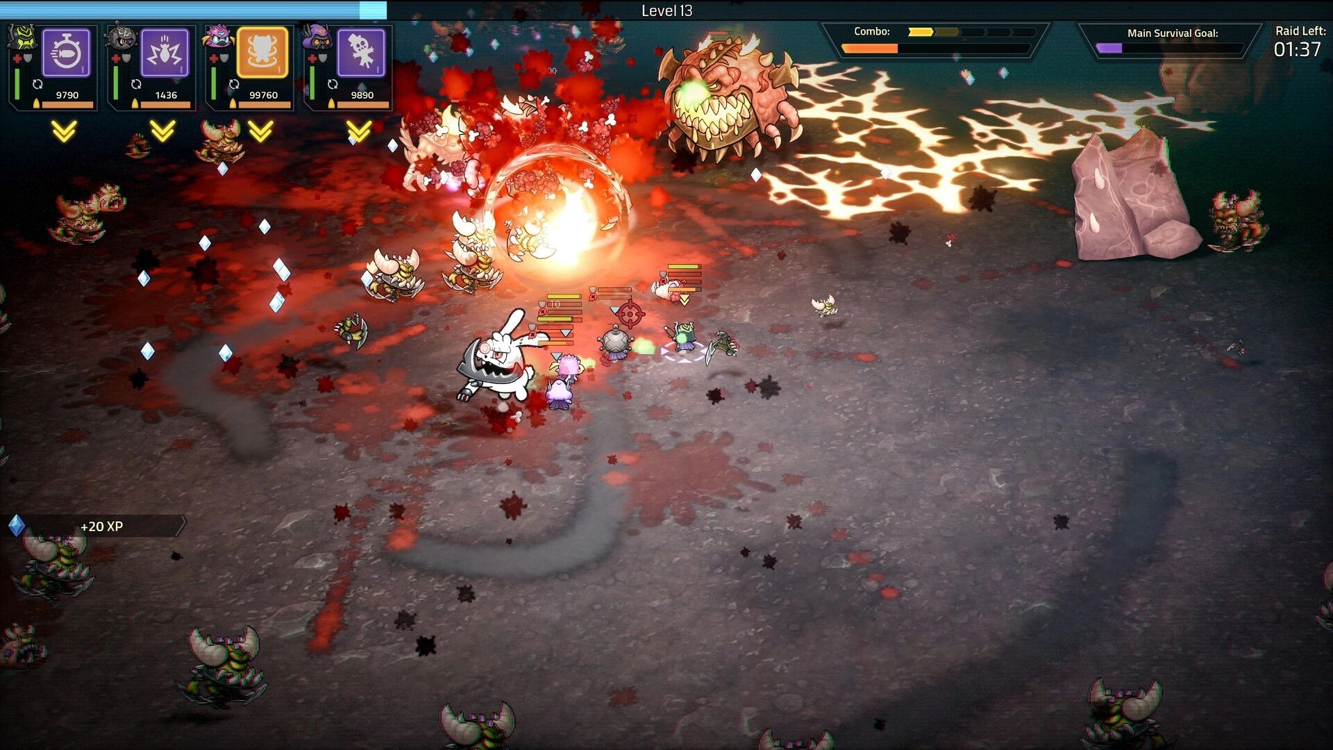 Hellrifters: Squad battles demons amid blood splashes and explosions on a cracked lava-lit arena floor.