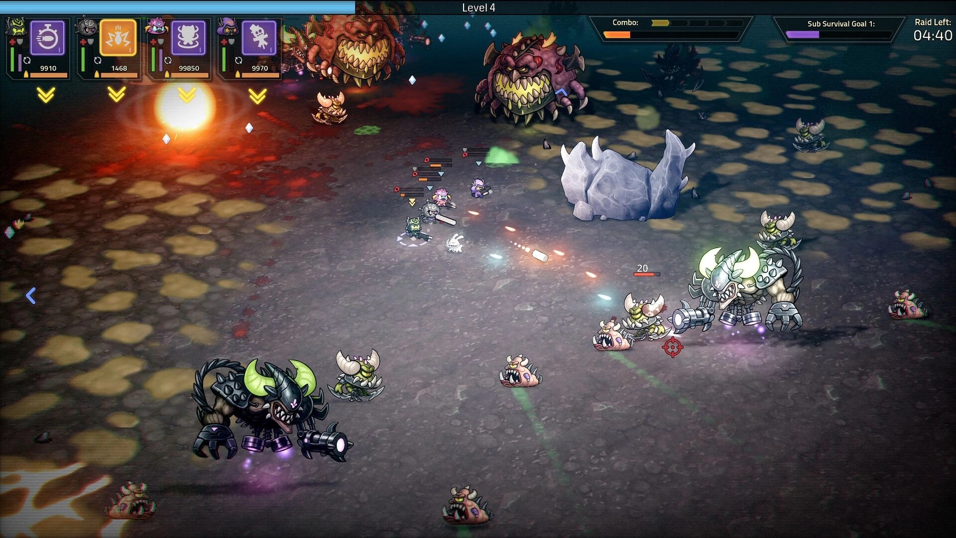 Hellrifters: Squad fires at horned demons with combo and raid timer UI on cratered hell battlefield.