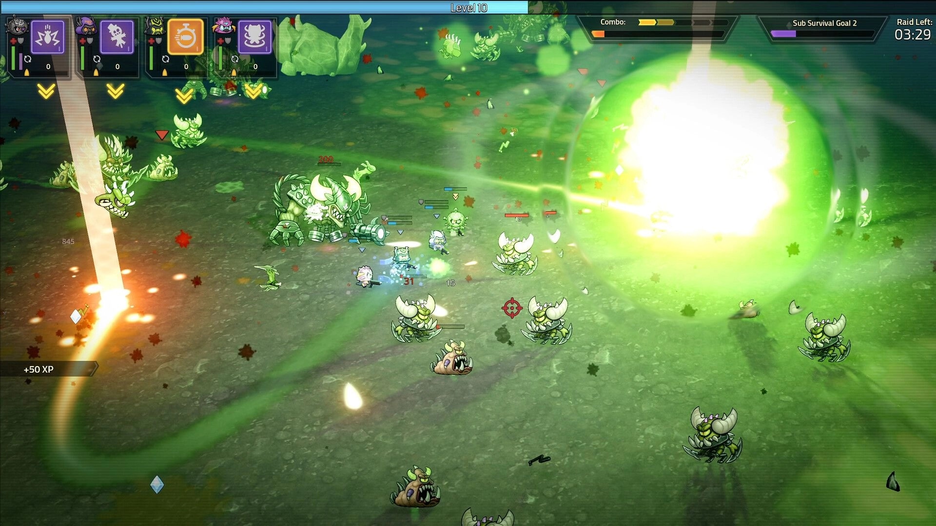Hellrifters: Squad fights horned crab demons as a huge green blast erupts on a murky battlefield.