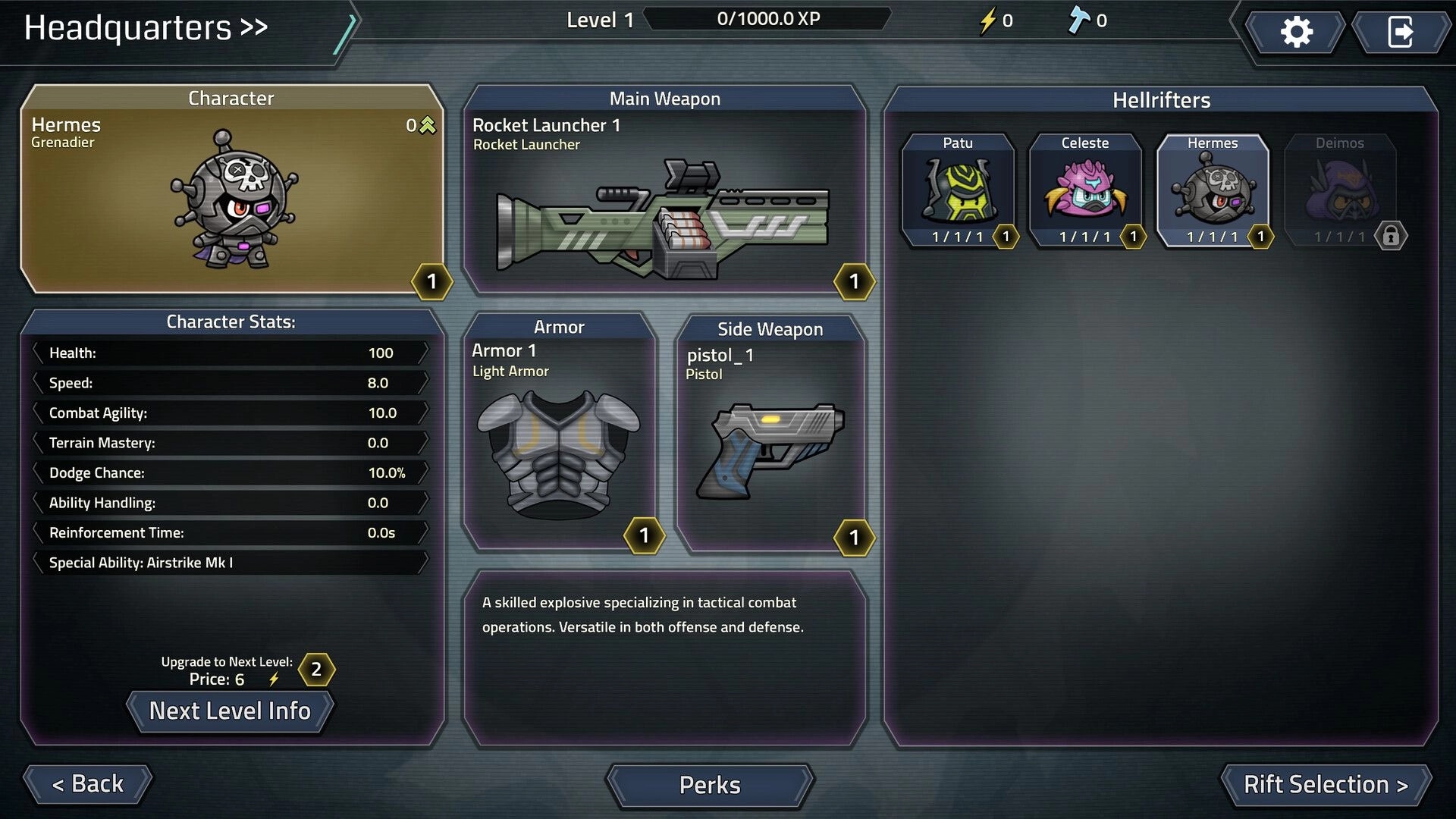 Hellrifters: Headquarters loadout screen for Hermes with rocket launcher, armor and pistol stats UI menu.