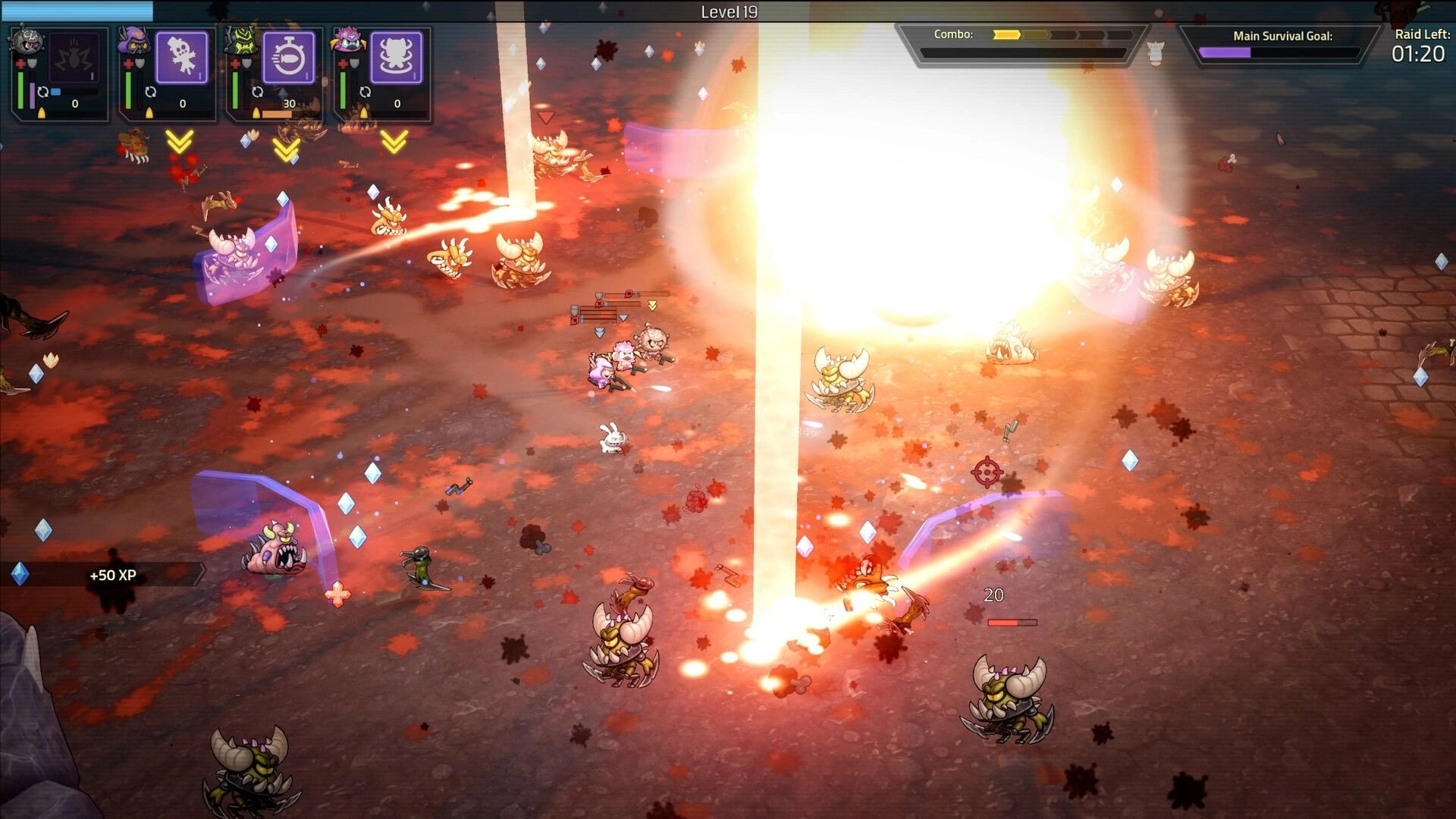 Hellrifters: Squad fights horned demons amid huge explosion and loot gems on blood-soaked stone arena.