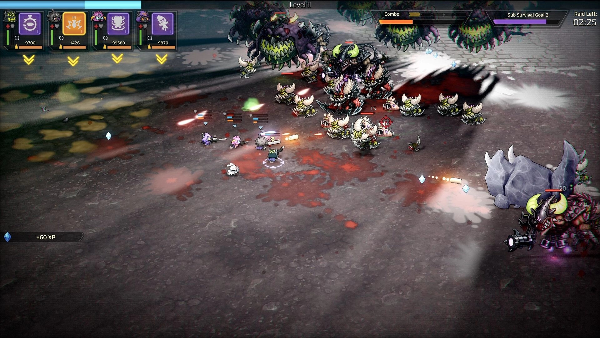 Hellrifters: Squad firing at horned demons with combo and raid timer UI on a gore-smeared stone arena.