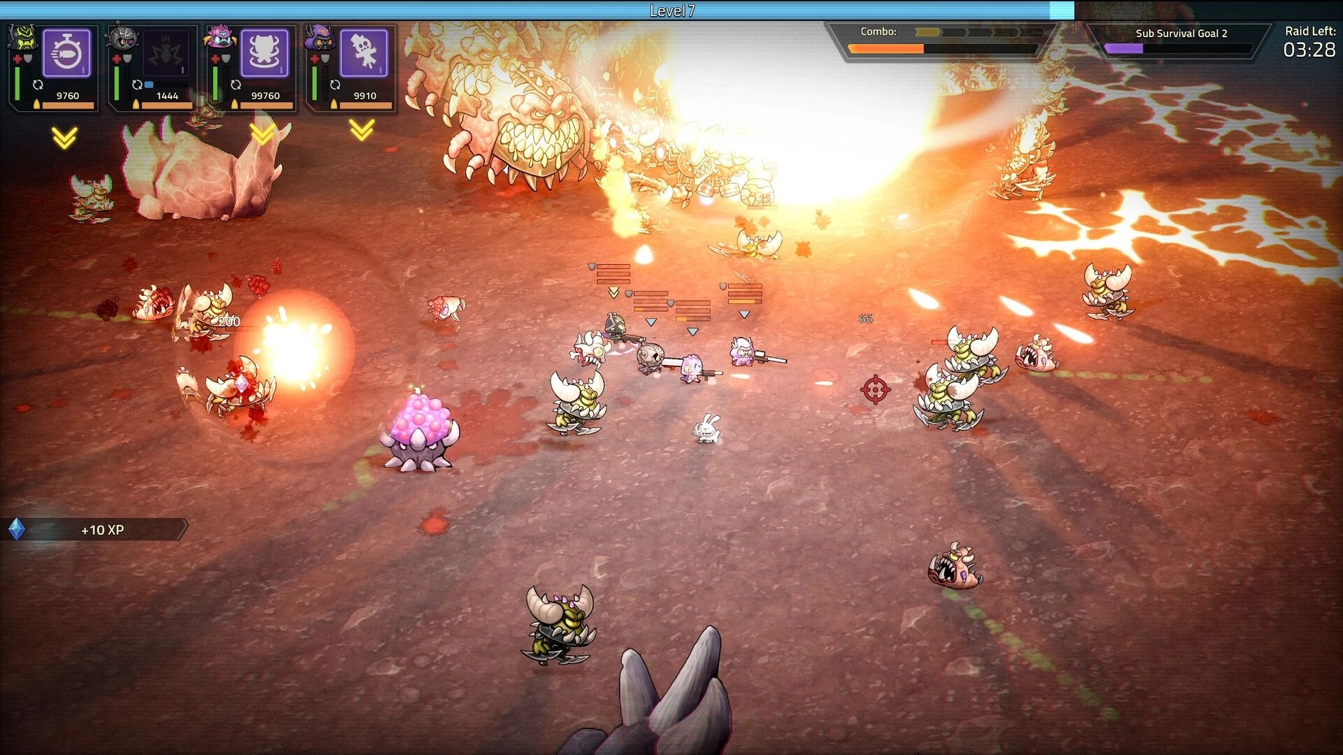 Hellrifters: Squad firefight amid explosions and demons, Level 7 HUD over a scorched lava arena.