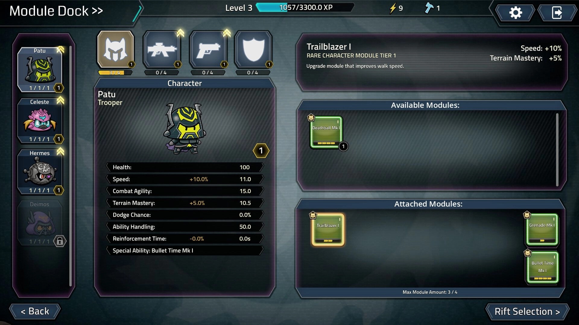 Hellrifters: Module Dock upgrade screen for Patu with stats and attached modules list in sci-fi UI menu.