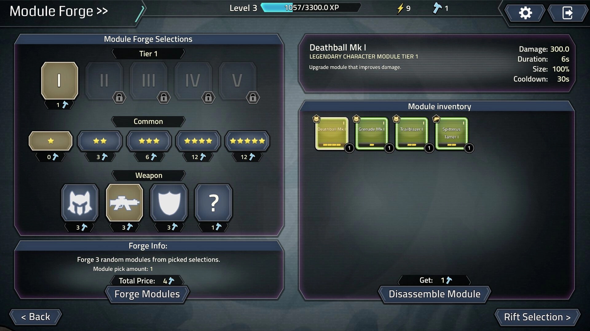 Hellrifters: Module Forge menu selecting Tier 1 modules, inventory cards and forge/disassemble buttons UI.