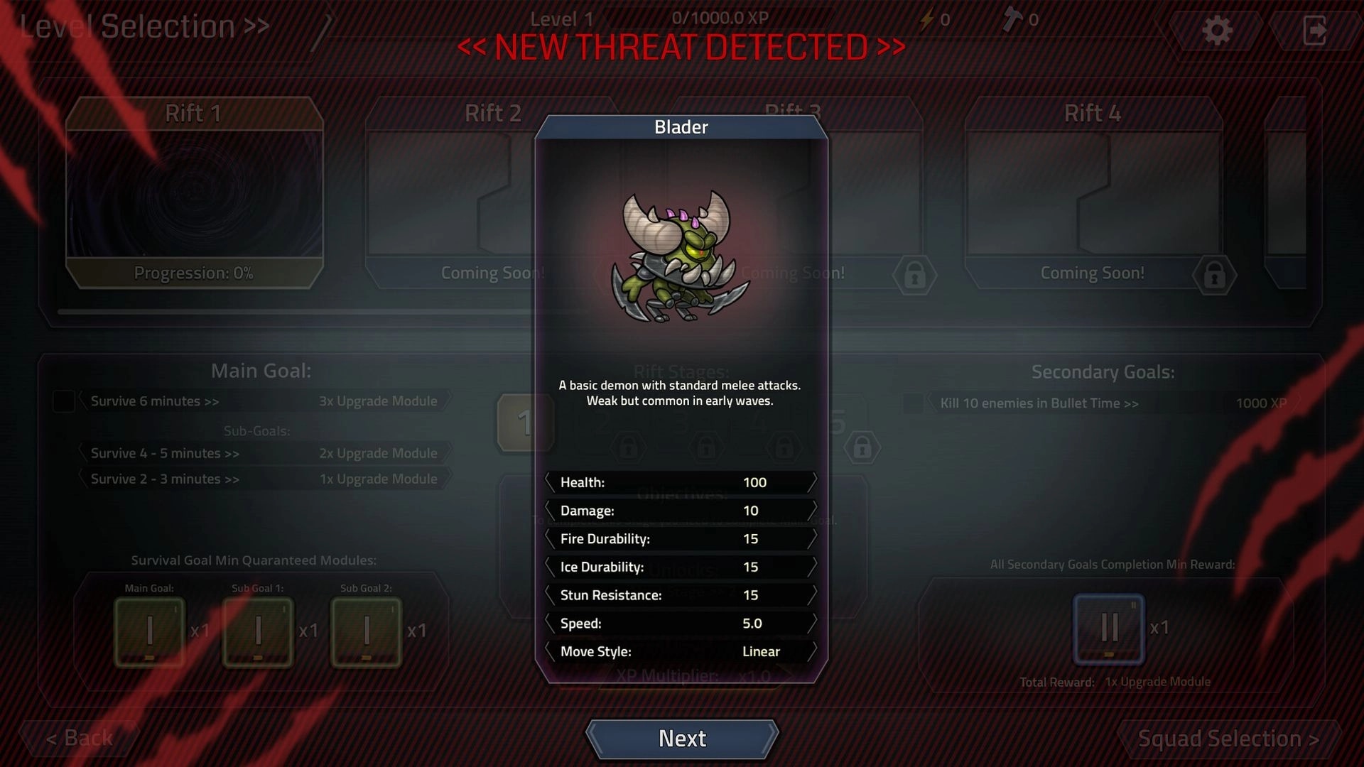Hellrifters: Threat detected popup for Blader demon with stats over level selection rift menu UI.