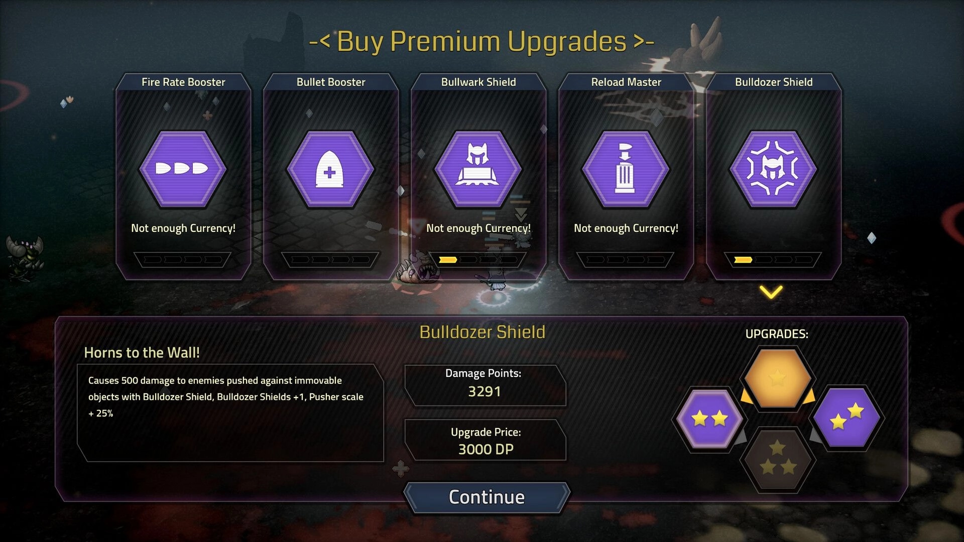 Hellrifters: Buy Premium Upgrades menu with shield and reload perks over a blurred hellish battlefield.