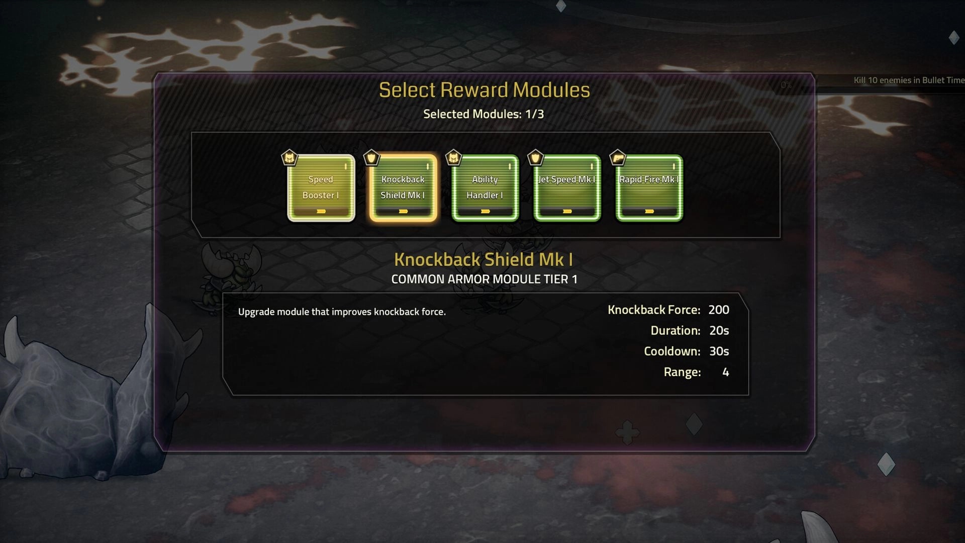 Hellrifters: Select Reward Modules upgrade menu highlighting Knockback Shield Mk I over dark arena floor.