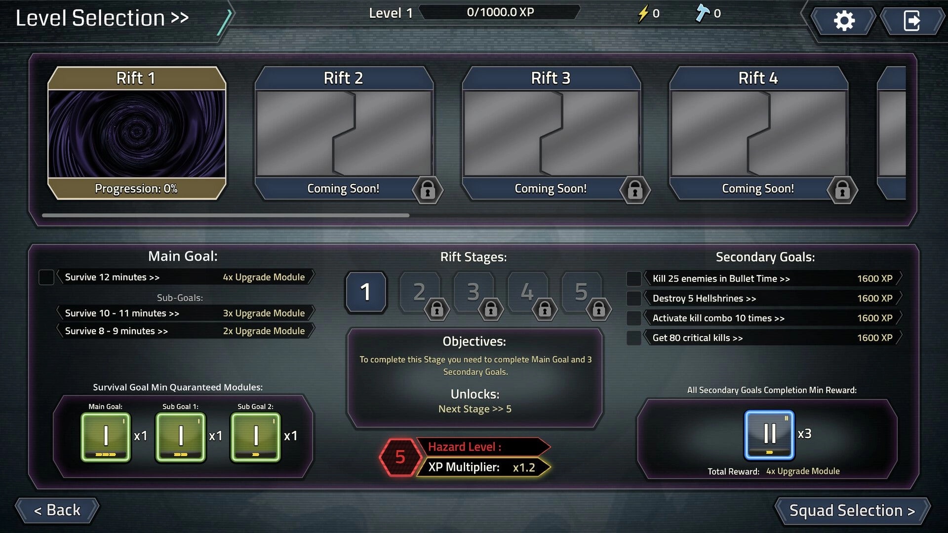 Hellrifters: Level selection menu with Rift 1 active and goals list, other rifts locked in UI panel.