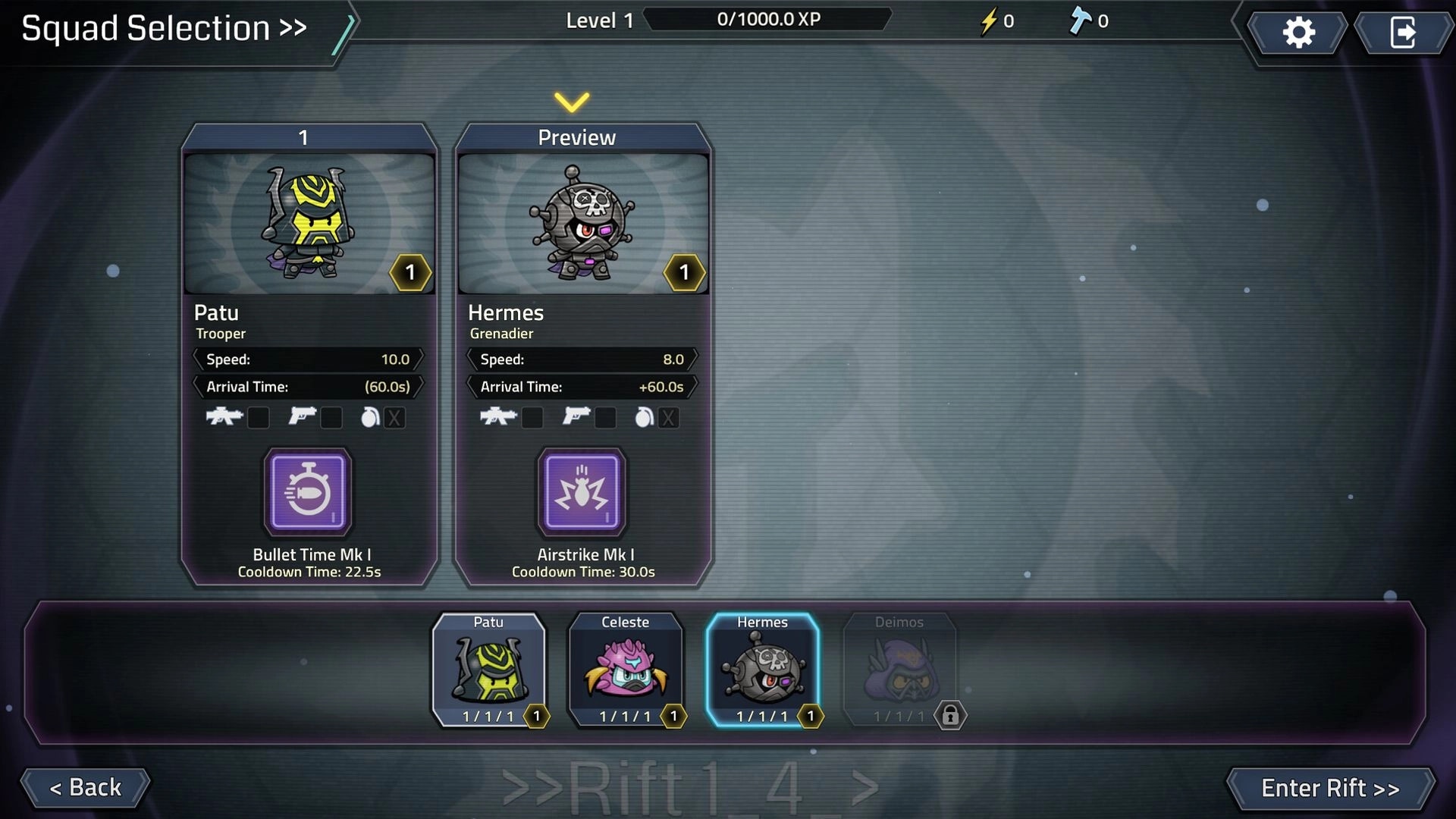 Hellrifters: Squad selection menu previewing Patu and Hermes with stats and abilities on sci-fi UI backdrop.