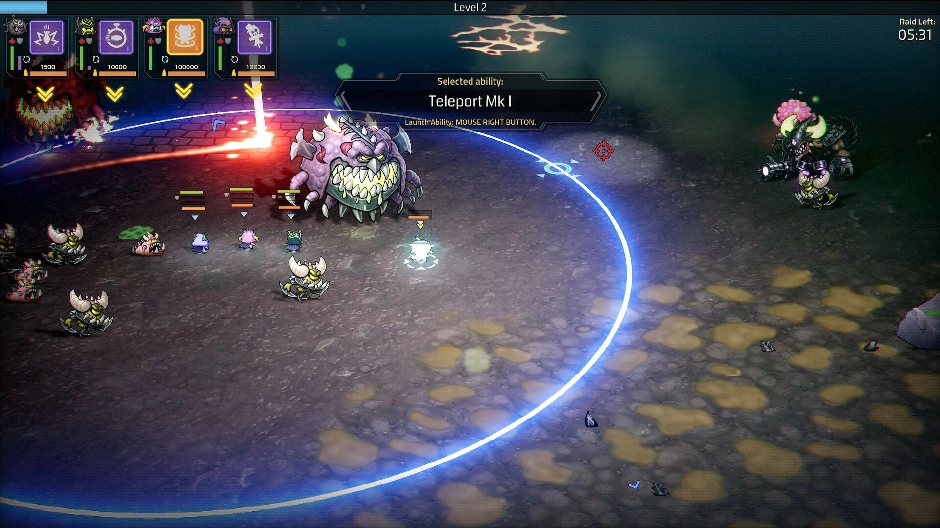 Hellrifters: Teleport Mk I selected as squad fights a huge demon in a dark arena with timer UI.