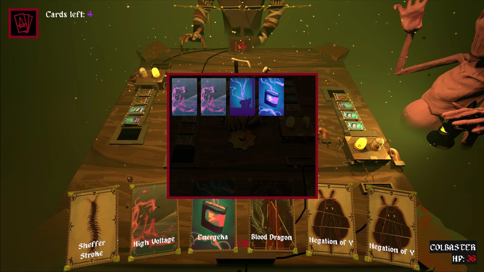 Hellwire: Card draft overlay with four cards and hand at bottom on eerie tabletop arena duel.