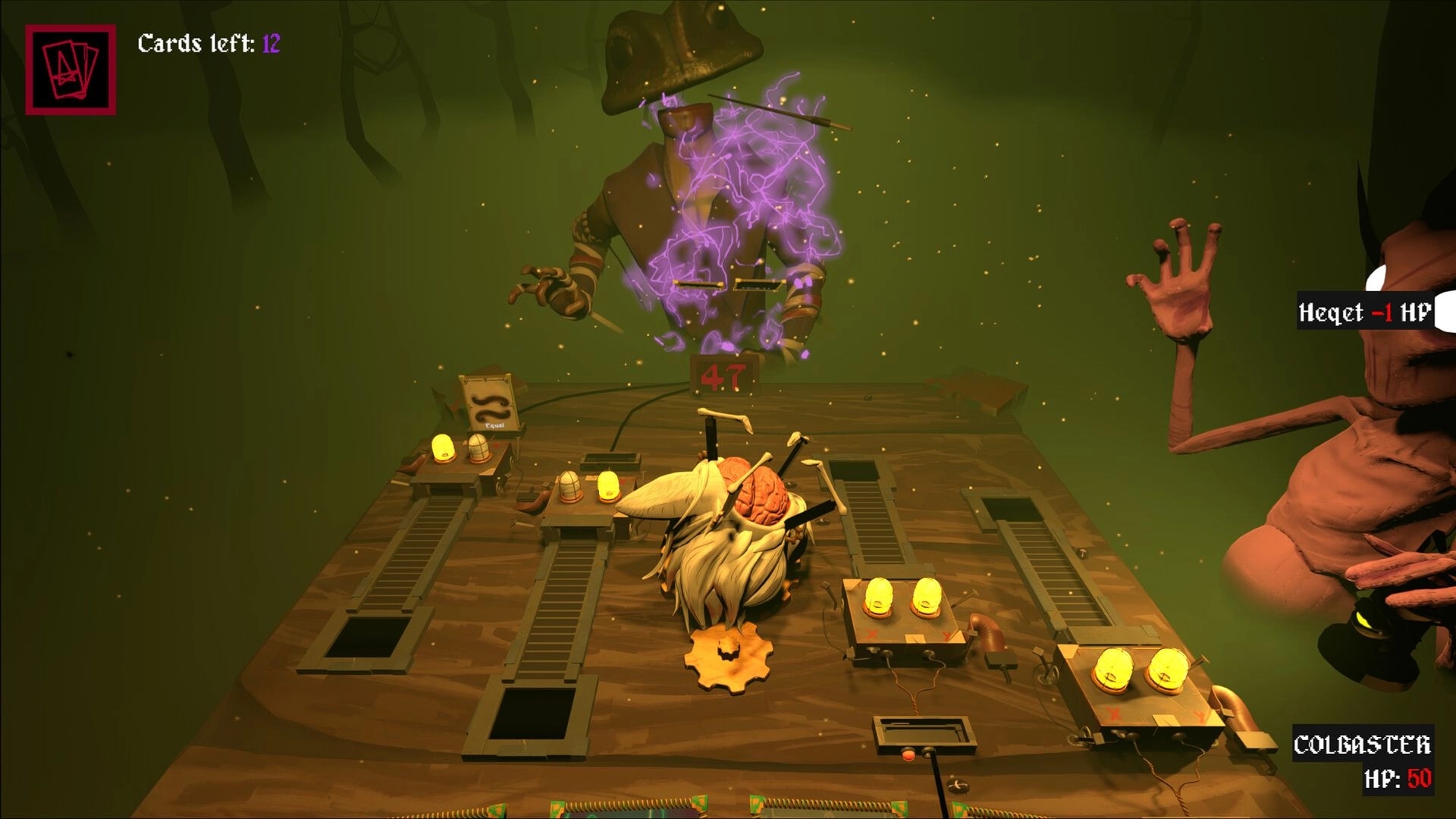 Hellwire: Duel arena with purple lightning enemy, cards left 12 UI, and HP counters on table.
