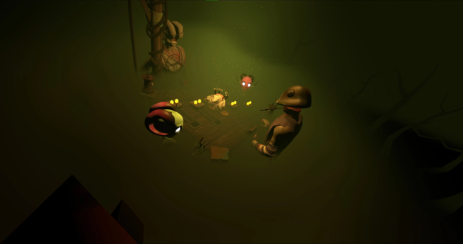 Hellwire: Two masked duelists at a dim card table with glowing tokens in a green foggy chamber.