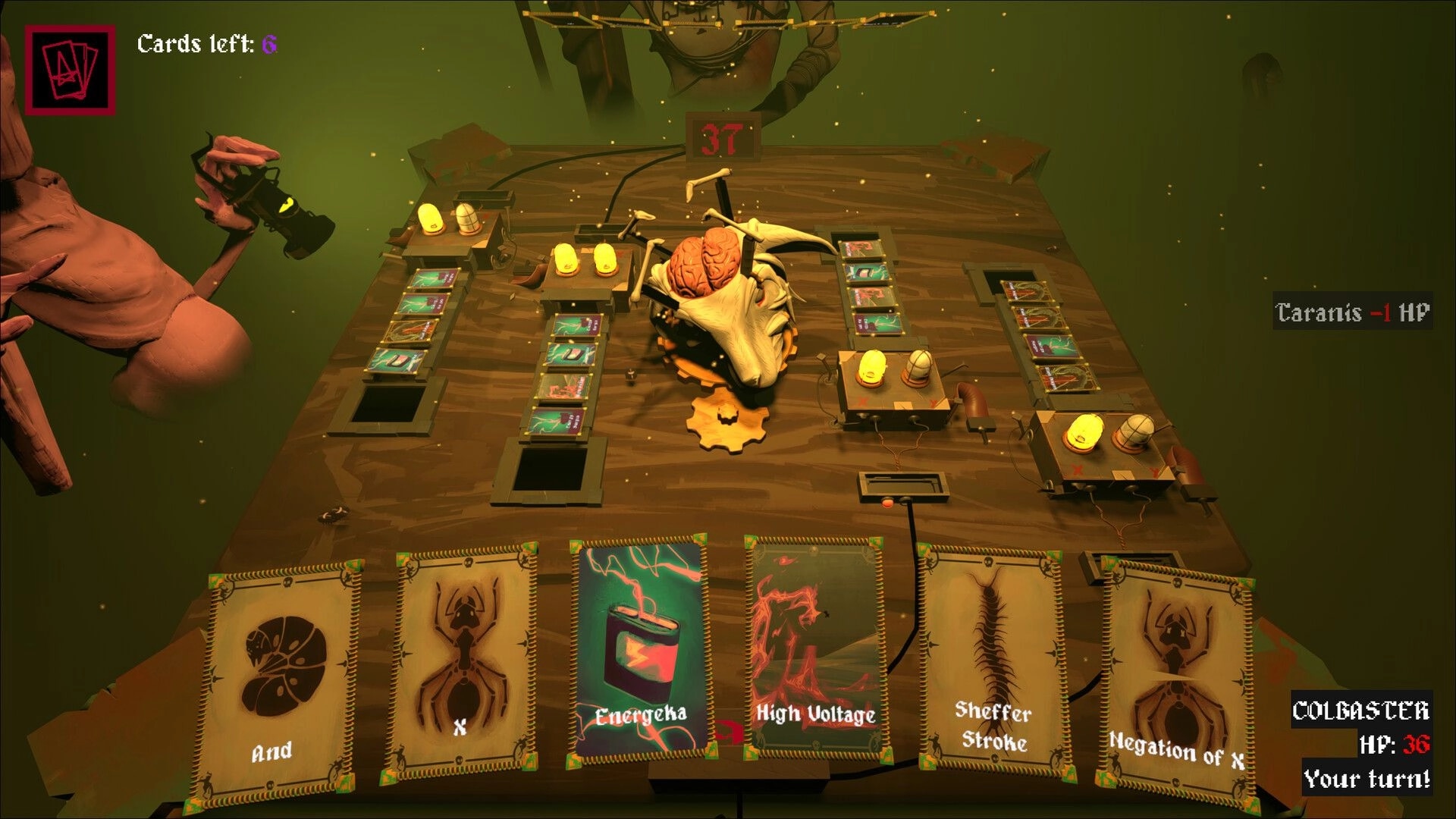 Hellwire: Card duel table with goat skull centerpiece and hand of spell cards in a green void arena.