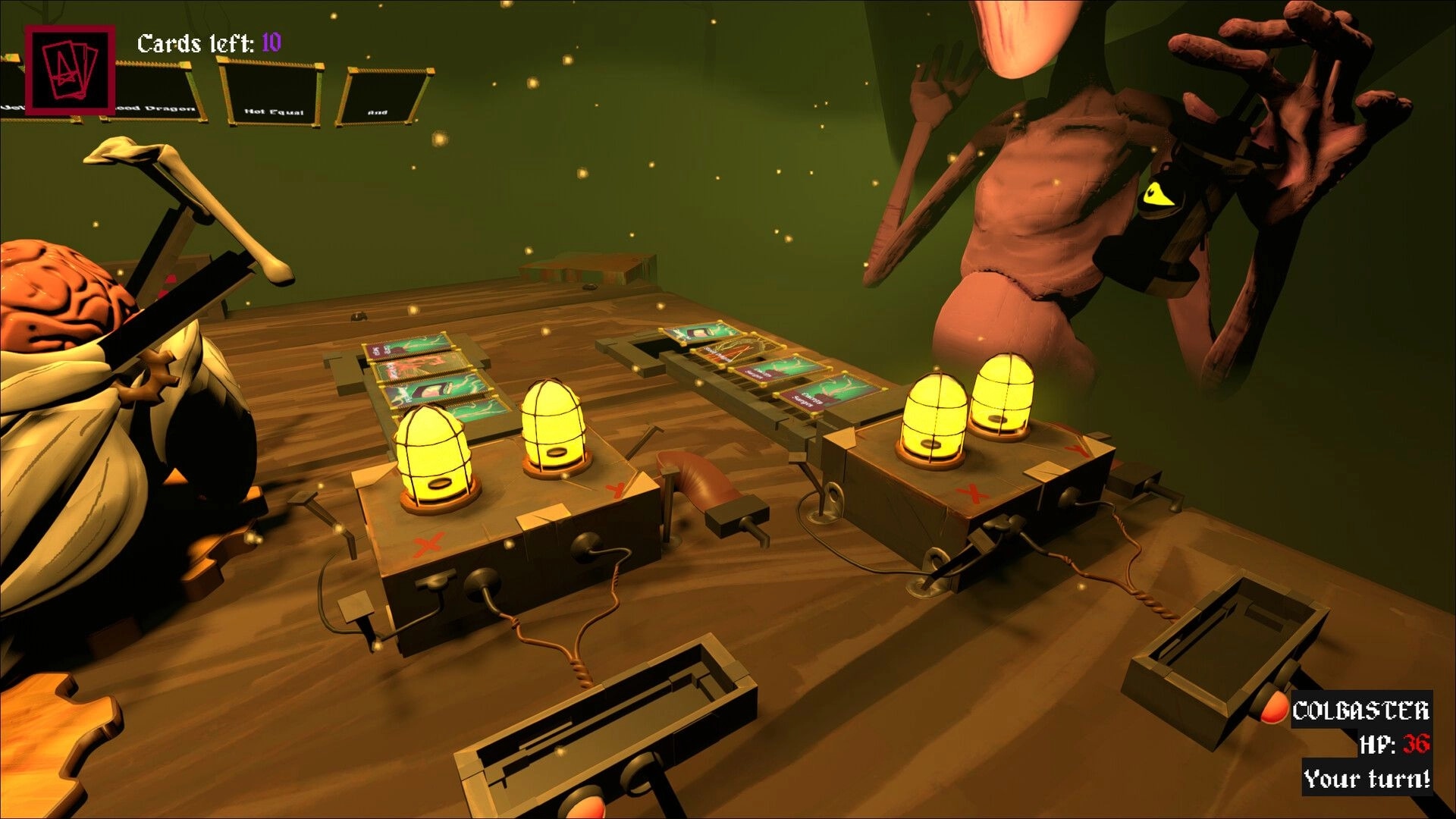 Hellwire: Card duel table with wired lamps and face-up cards, HUD shows cards left and your turn.