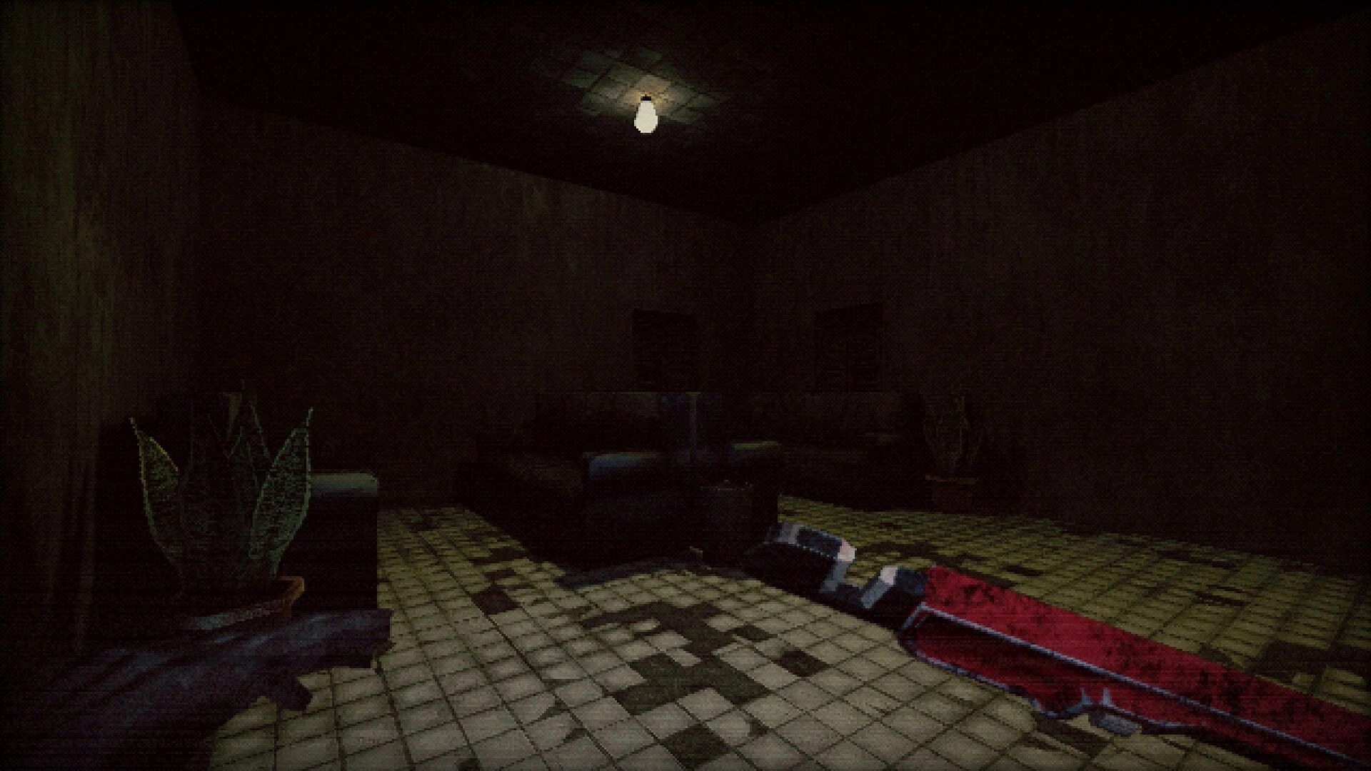 Hemobloom: Dimly lit room with a single bulb, dark sofas, tiled floor, and a red blanket on the ground.