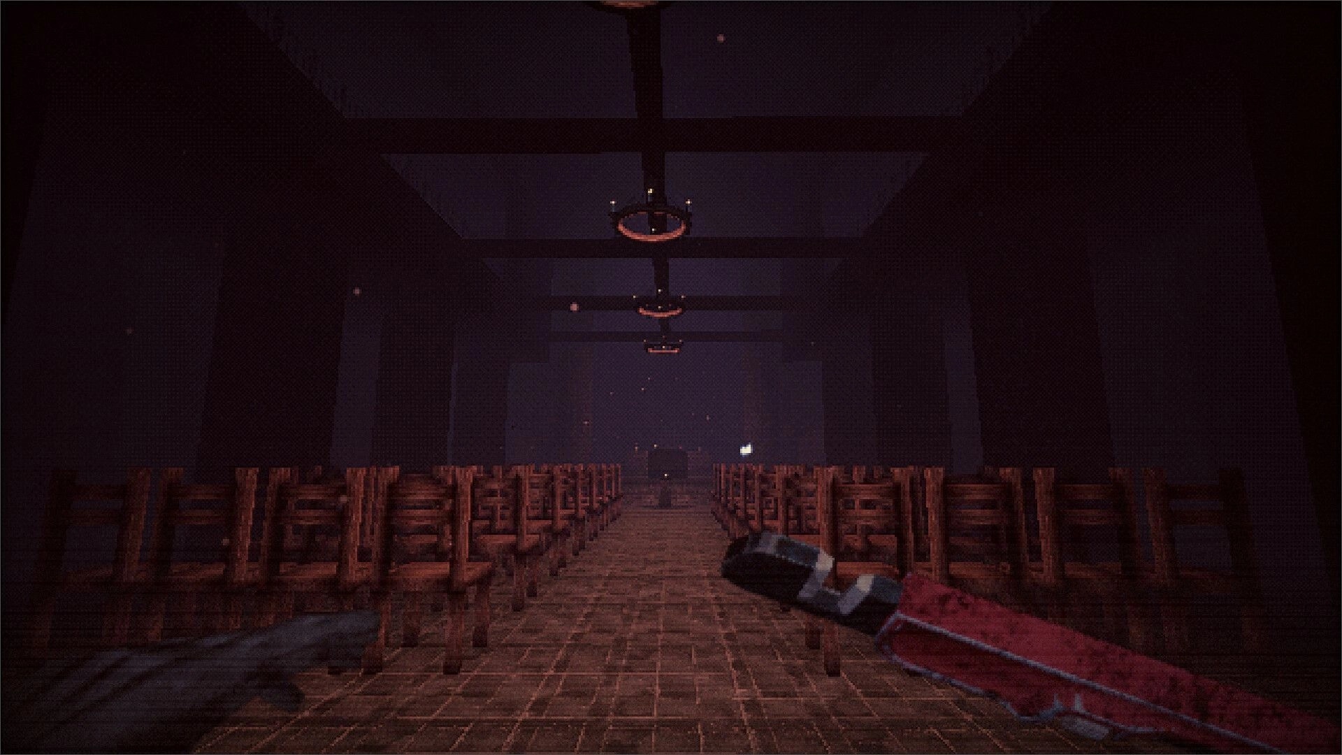 Hemobloom: First-person view in a dimly lit, eerie hall with rows of wooden chairs and a weapon drawn