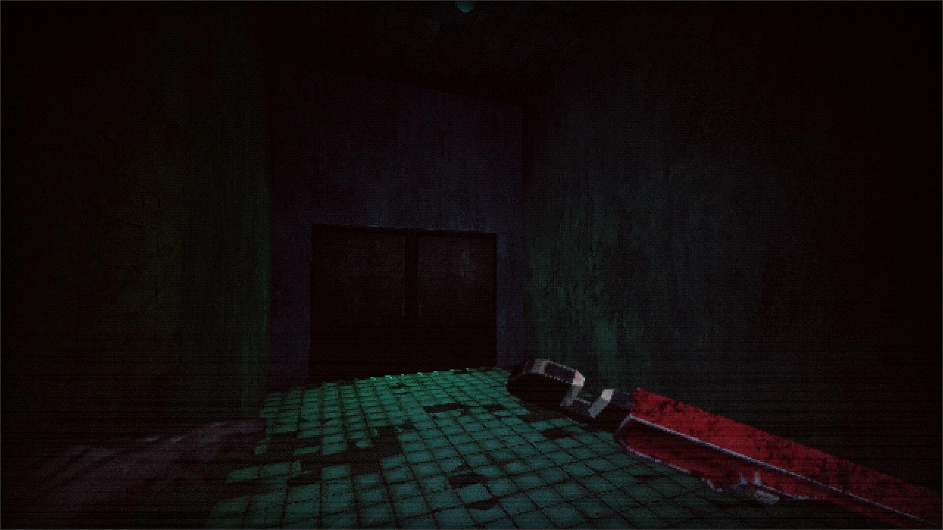 Hemobloom: Dark hallway with closed doors and blood-stained axe on a green-tiled floor