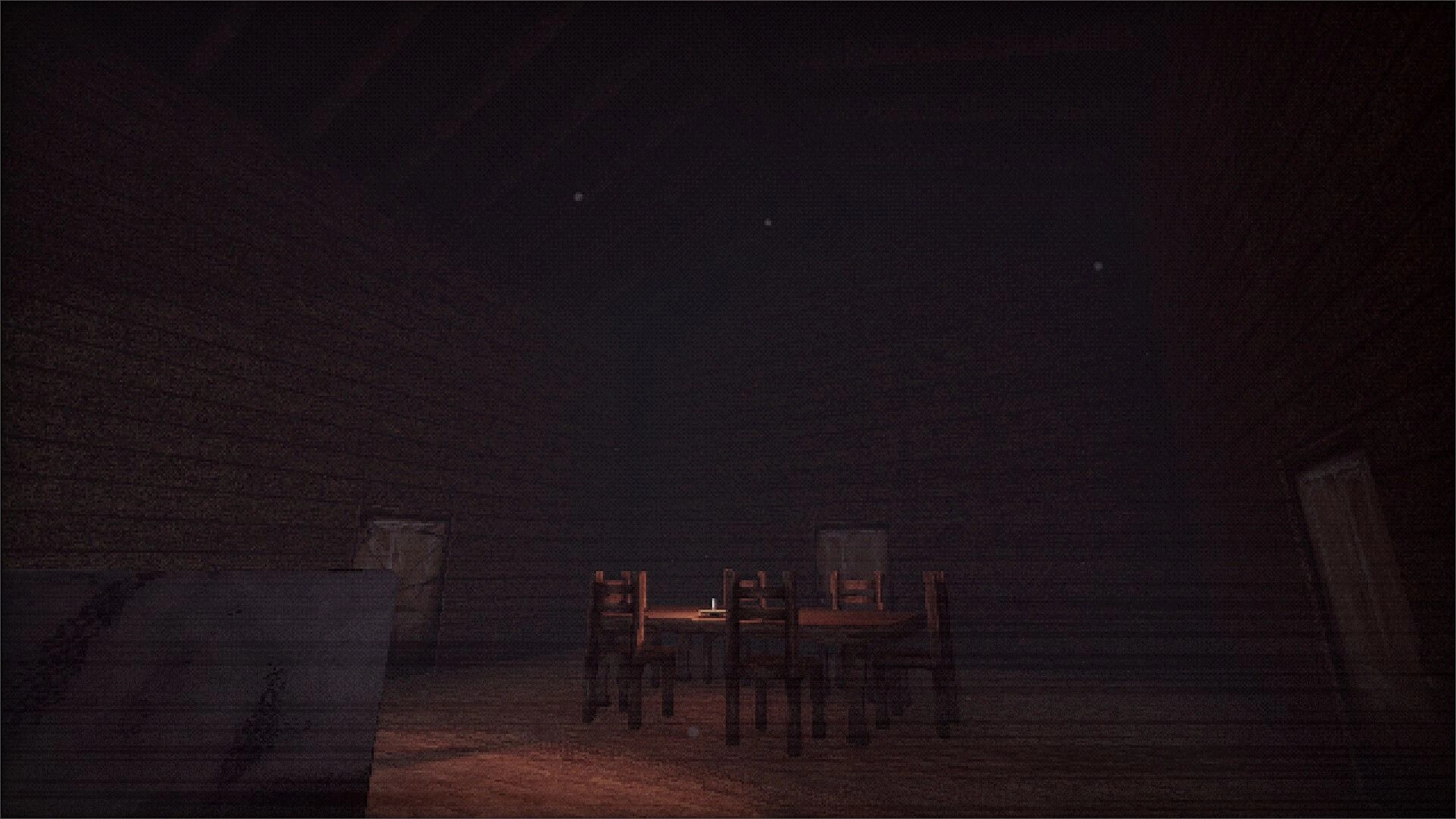 Hemobloom: Dimly lit room with wooden table and chairs, eerie atmosphere in a shadowy cabin environment.
