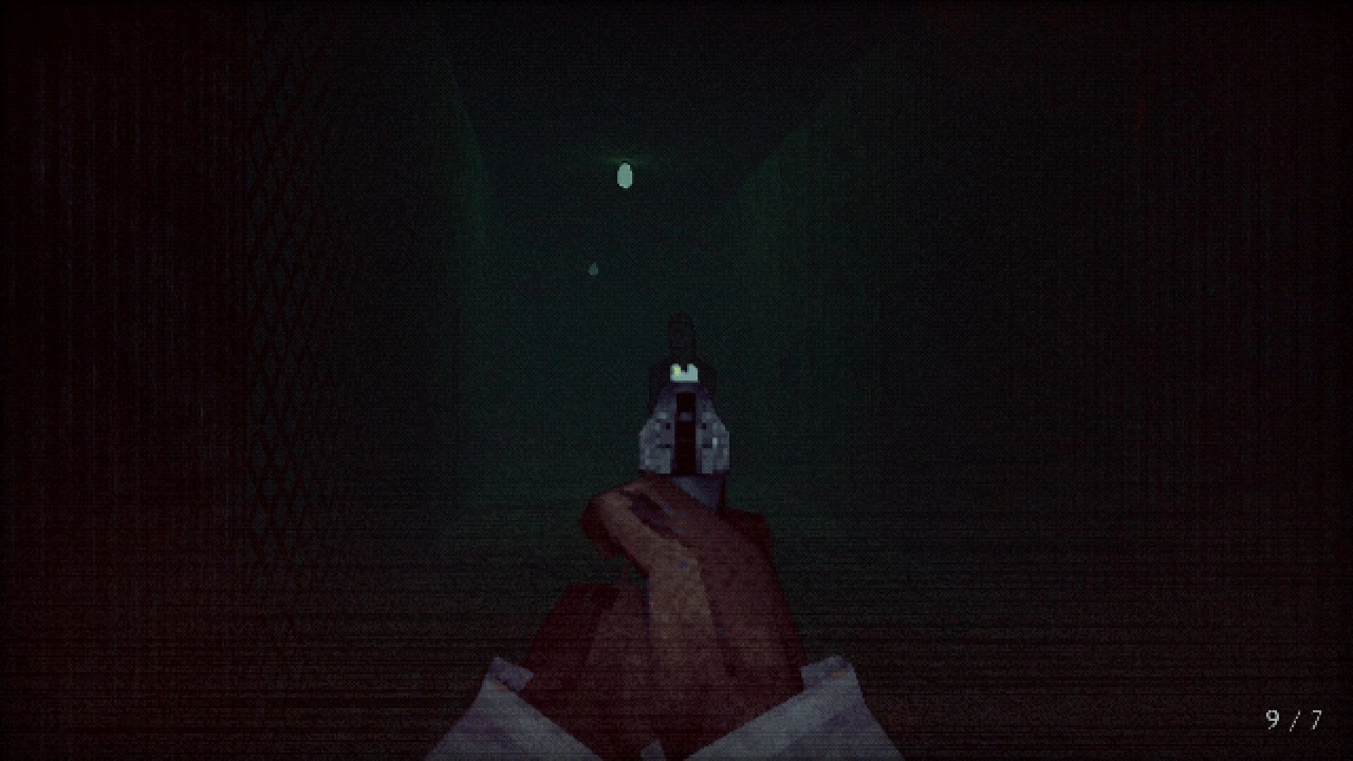 Hemobloom: First-person view aiming a gun down a dark, eerie hallway with ammo count displayed