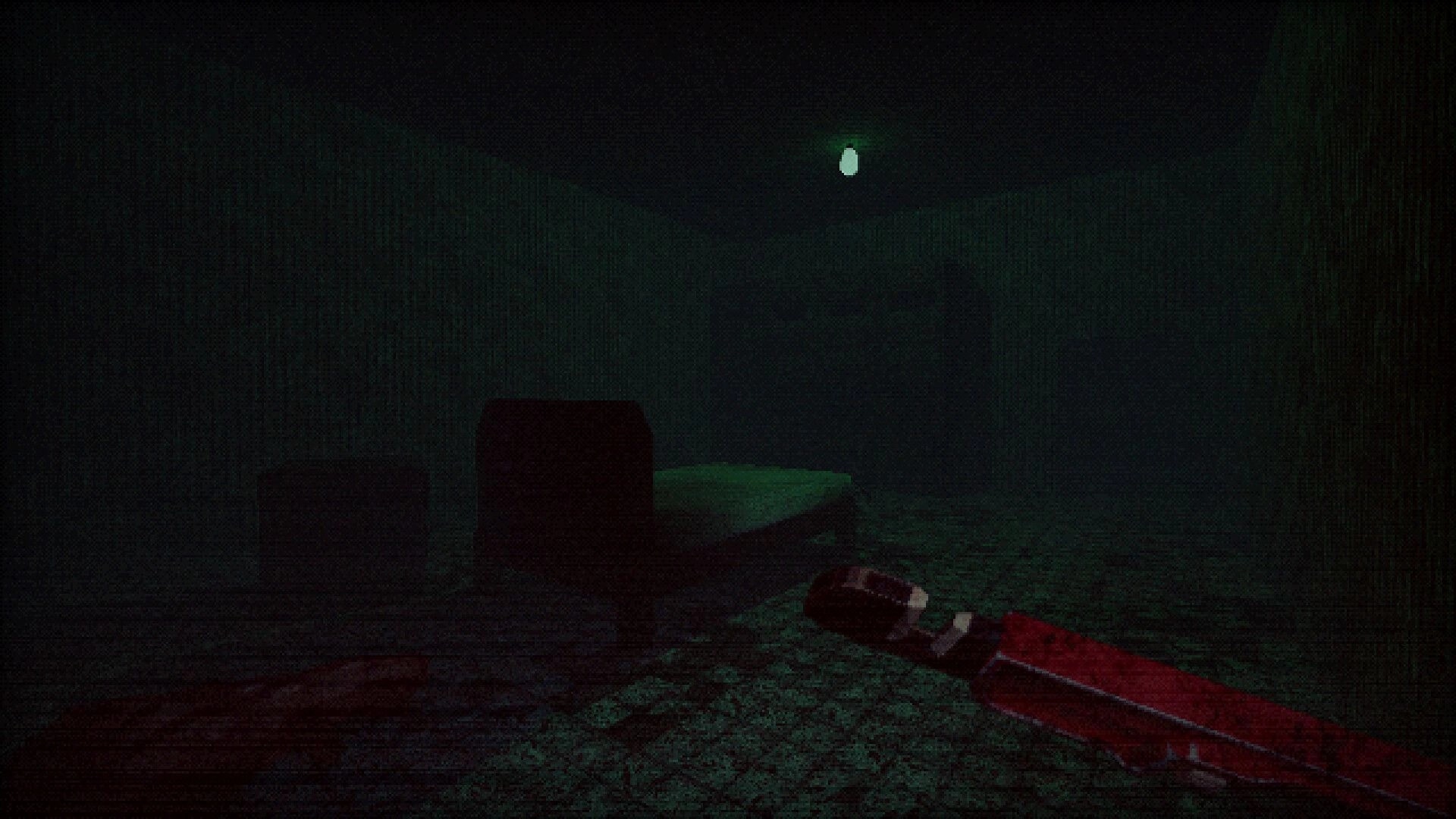 Hemobloom: First-person view in a dimly lit room with a bloodstained floor and a single bed