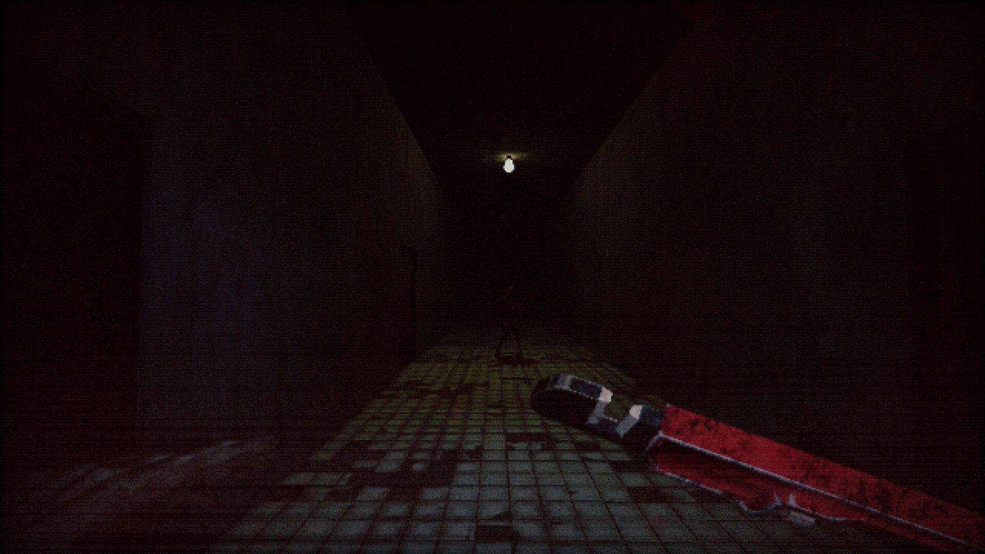 Hemobloom: Player holds a bloodied weapon in a dimly lit corridor with a shadowy figure in the distance.