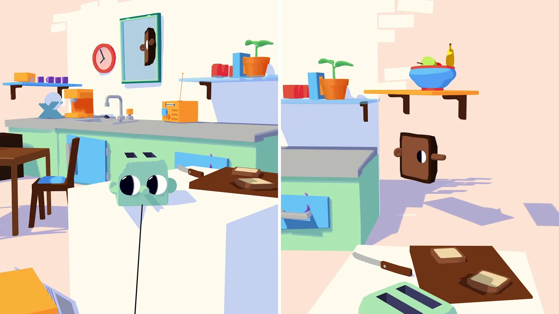 Henry Halfhead: Kitchen scene with Henry inspecting toaster near counter with plants and wall clock