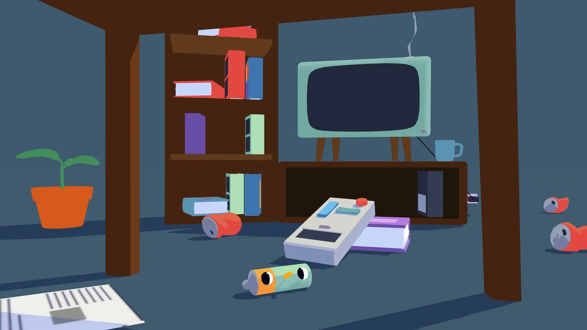 Henry Halfhead: Living room with scattered books, cans, battery character, and vintage TV set