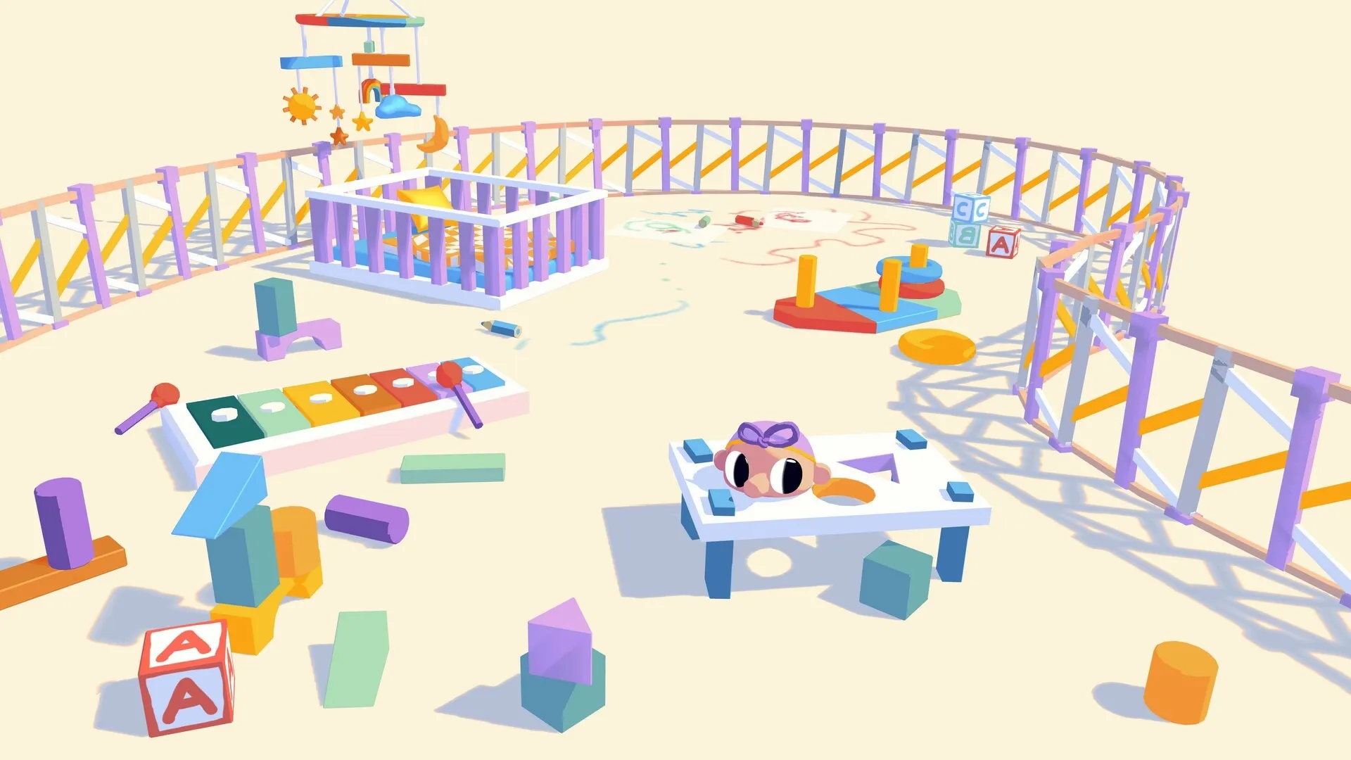 Henry Halfhead: Observing a colorful playroom with toys scattered and Henry peeking from a shape puzzle.