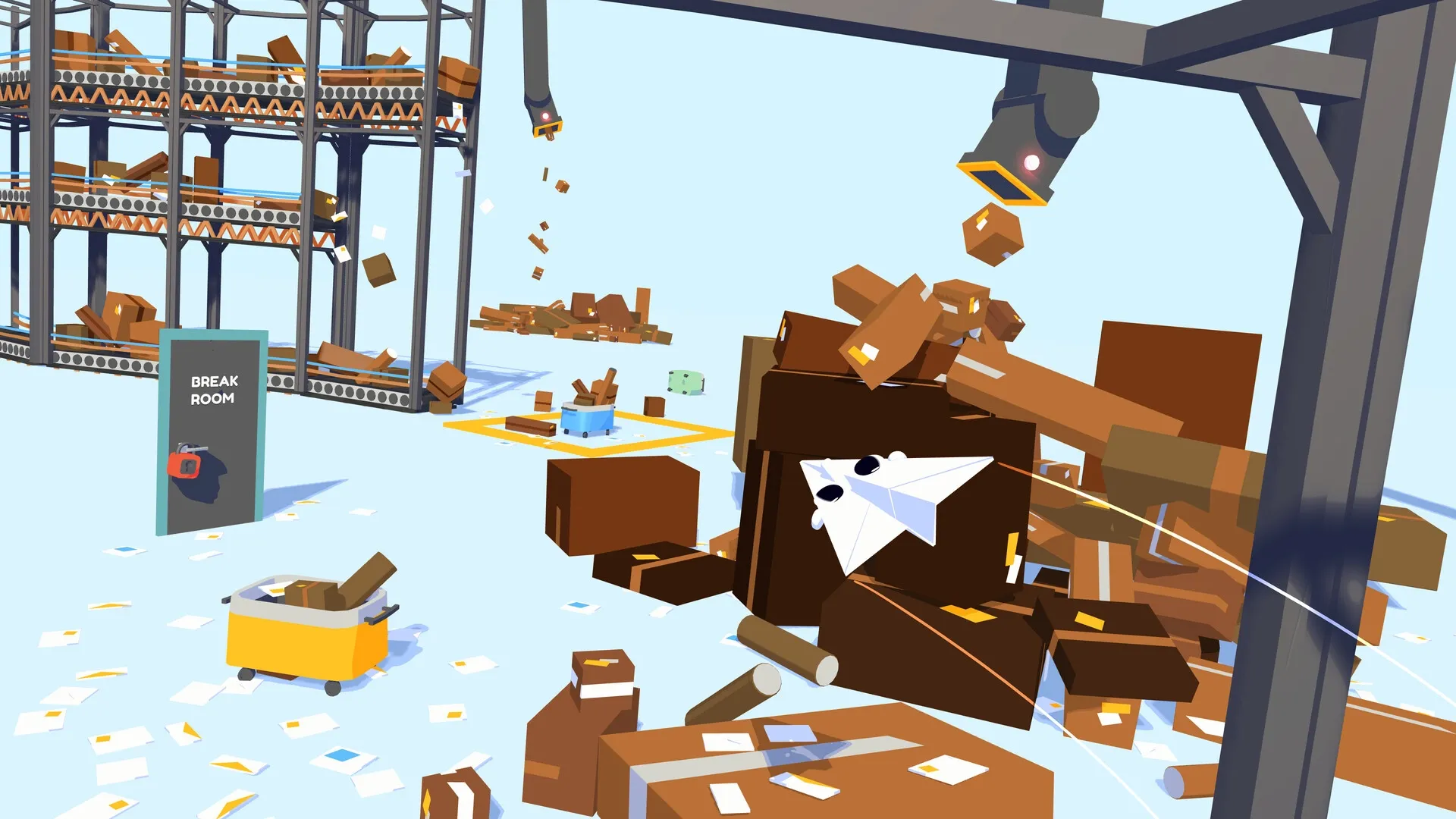 Henry Halfhead: Paper airplane navigating through cluttered warehouse with scattered boxes and papers