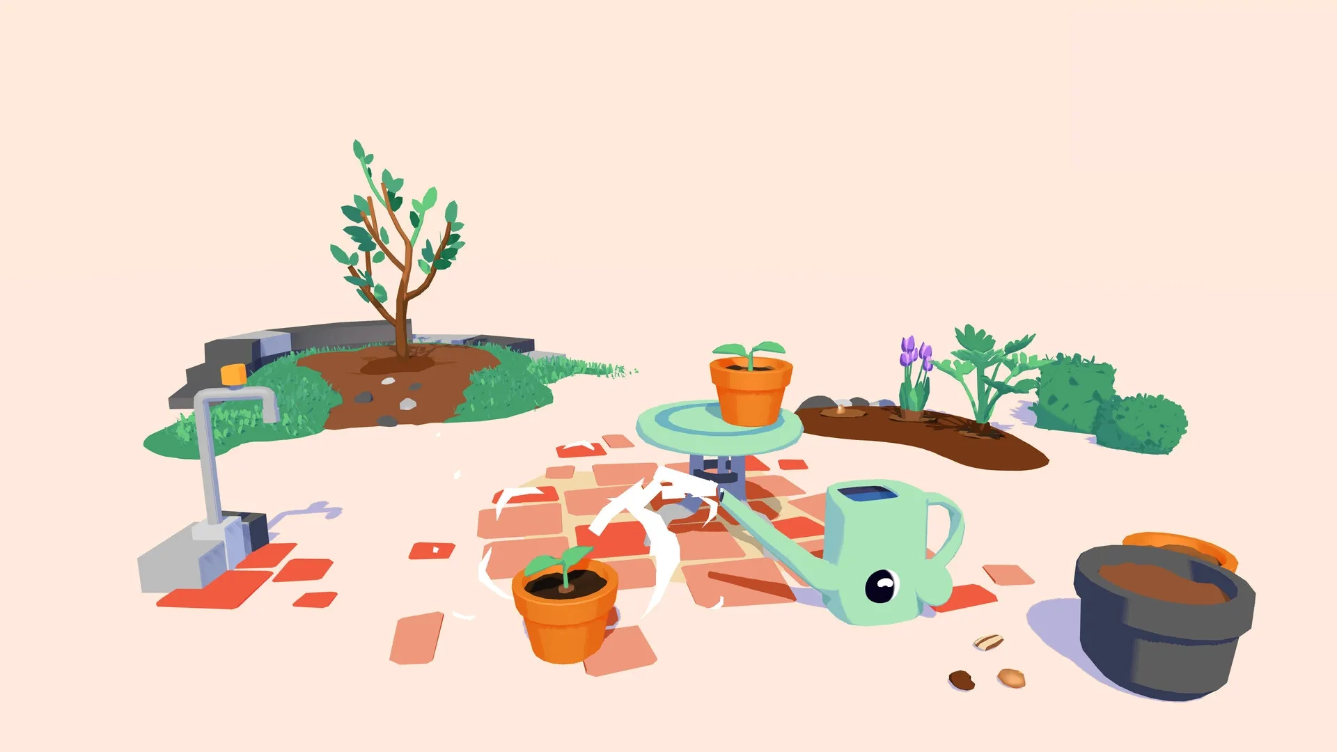 Henry Halfhead: Watering can with eyes beside potted plants in a vibrant garden setting