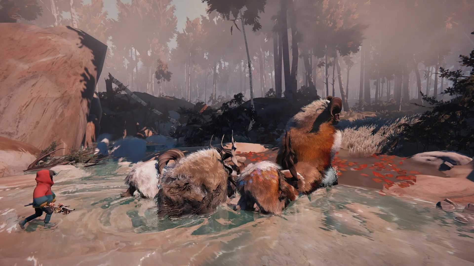 Herdling: Small character guides fluffy creatures through a shallow stream in a misty forest setting.