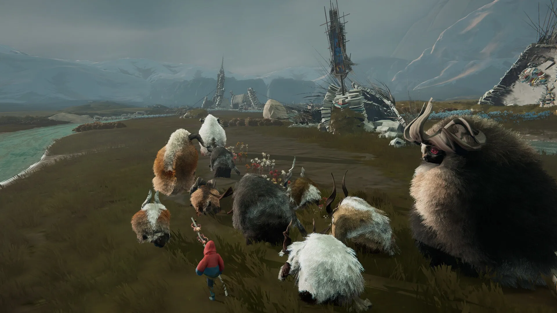 Herdling: Player guides a herd of fluffy creatures through a desolate landscape with towering ruins