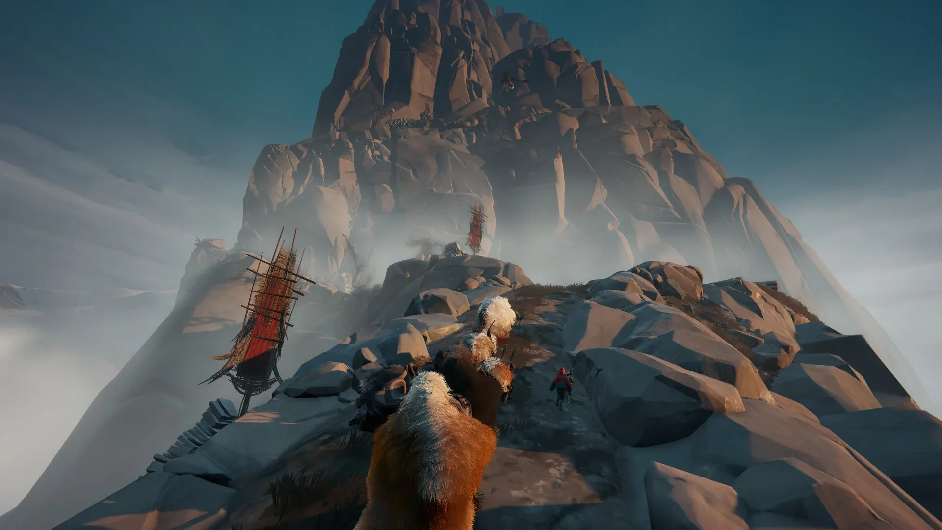 Herdling: Mysterious creatures ascend misty mountain path surrounded by towering cliffs and ancient ruins
