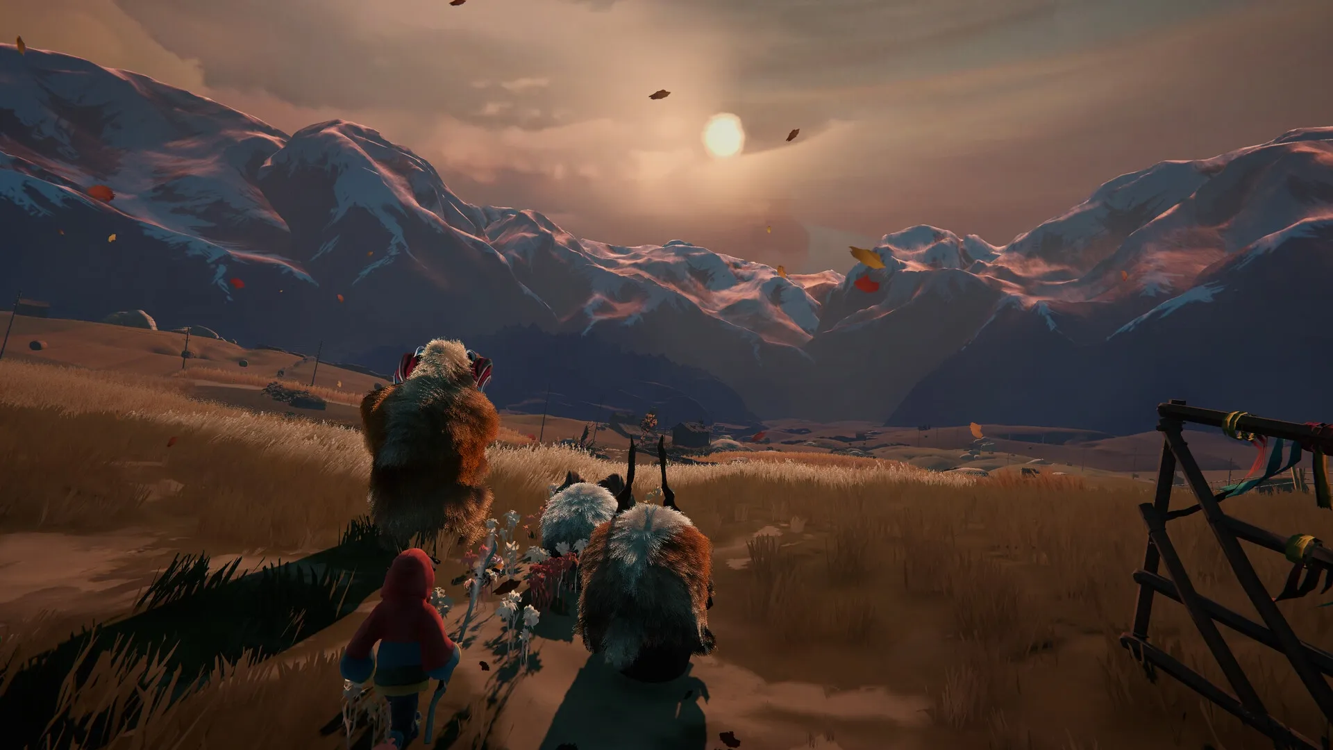 Herdling: Guiding mysterious creatures across a serene mountain landscape under a setting sun.