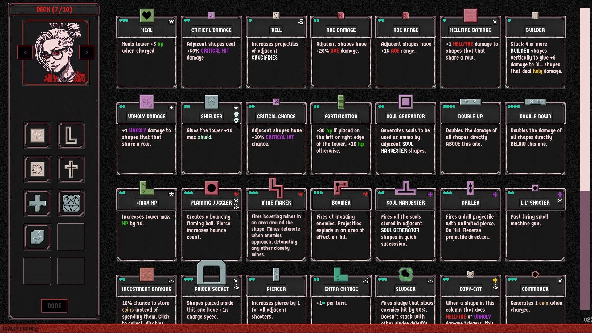 Heretic’s Rapture: Deck-building screen with upgrade cards and block icons beside a character portrait.