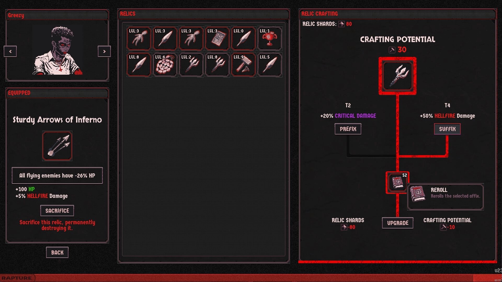 Heretic’s Rapture: Relic crafting screen with relic grid, equipped arrows, prefix/suffix tree and reroll.