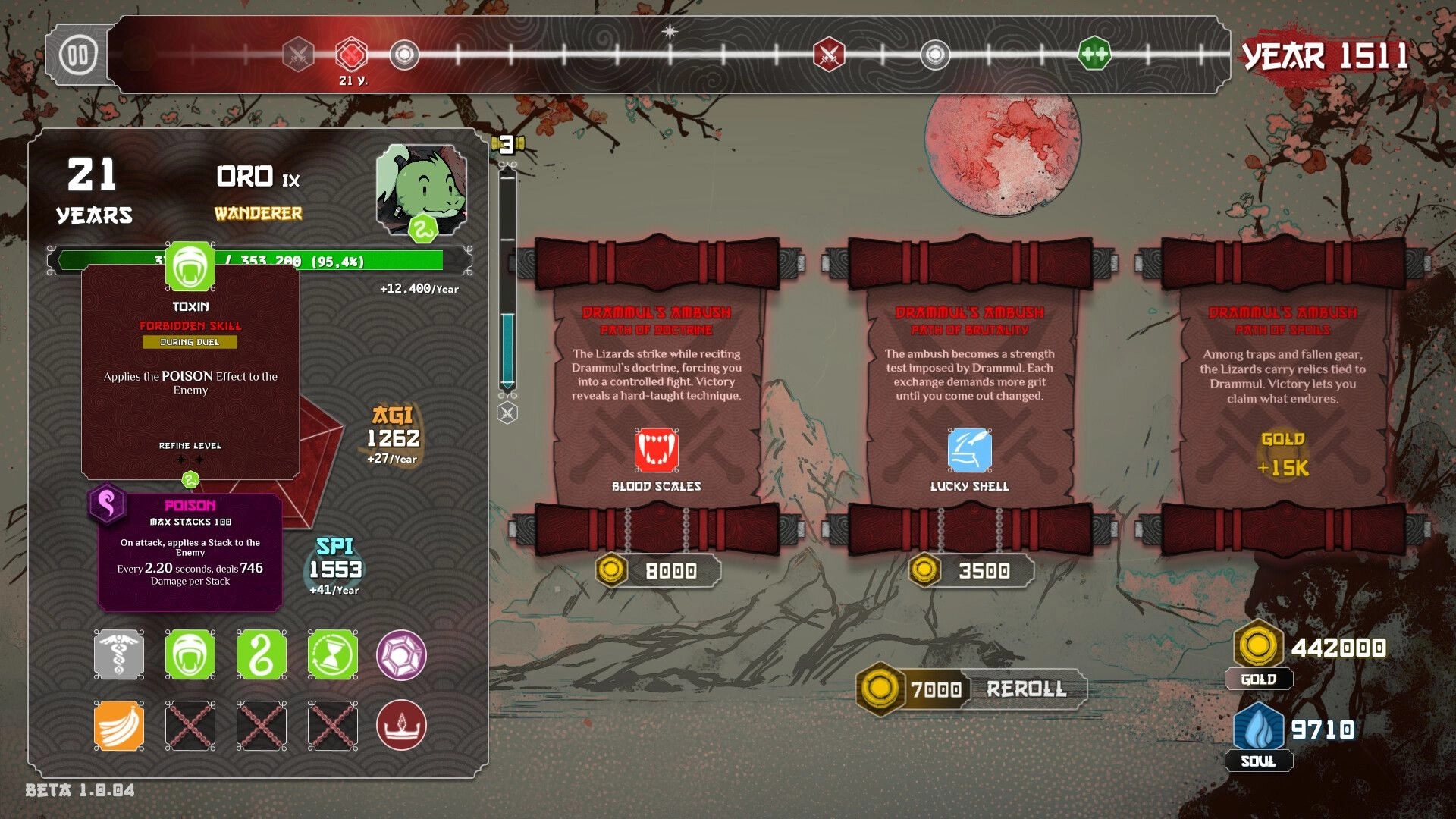 Heritage: Oro skill and poison stats menu beside three Drammul's Ambush choice cards under red moon.