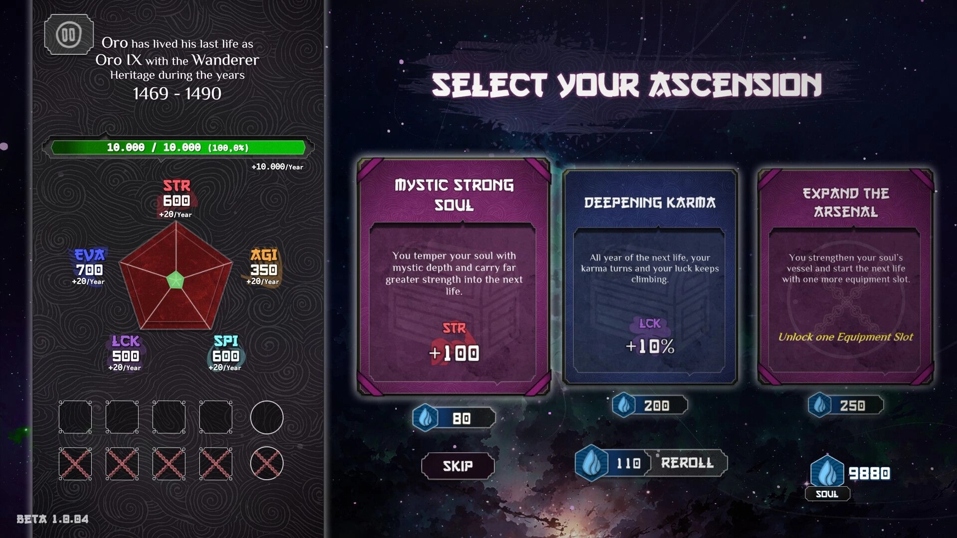 Heritage: Ascension selection menu with stat radar and three upgrade cards on a starry backdrop.
