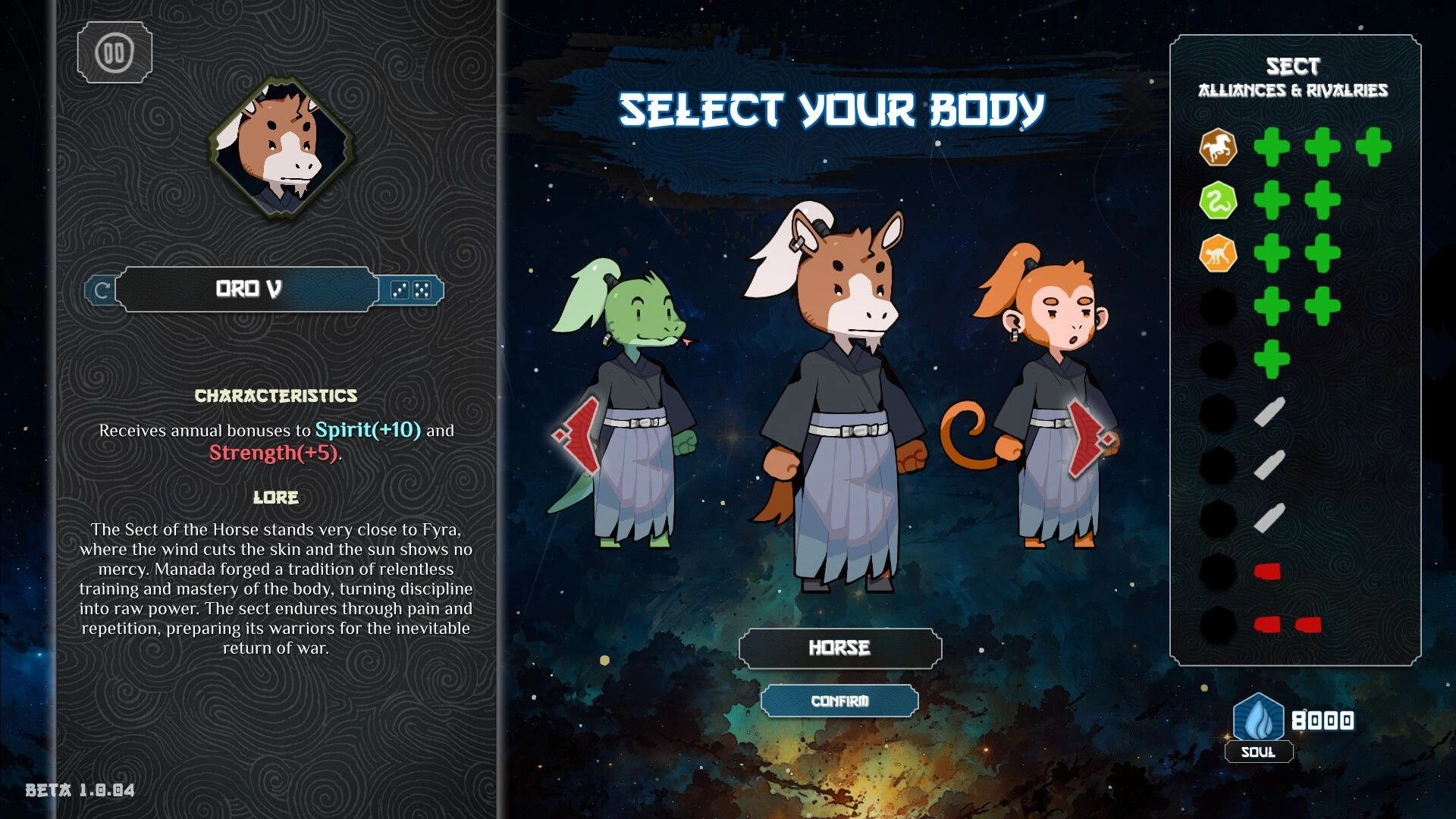 Heritage: Select your body menu with three animal avatars and sect bonuses on a starry backdrop.