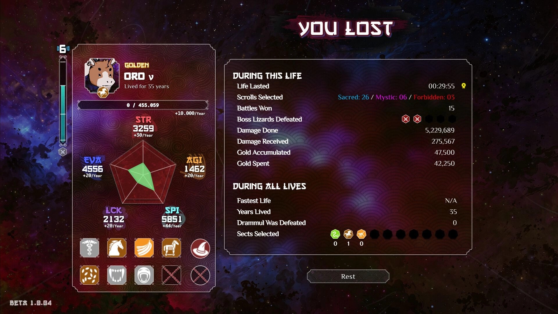 Heritage: You Lost results screen for Oro with stats, scrolls, and lifetime summary over space backdrop.