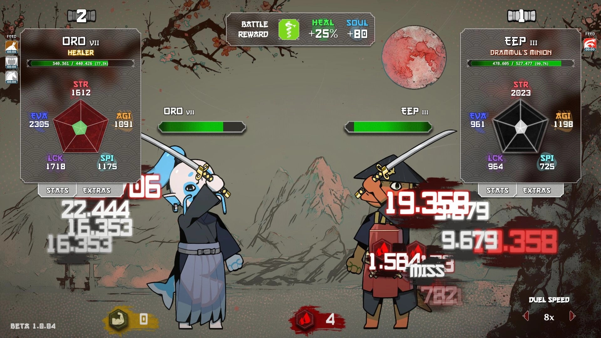 Heritage: Oro duels Eep with stat panels and damage numbers on a moonlit mountain backdrop.