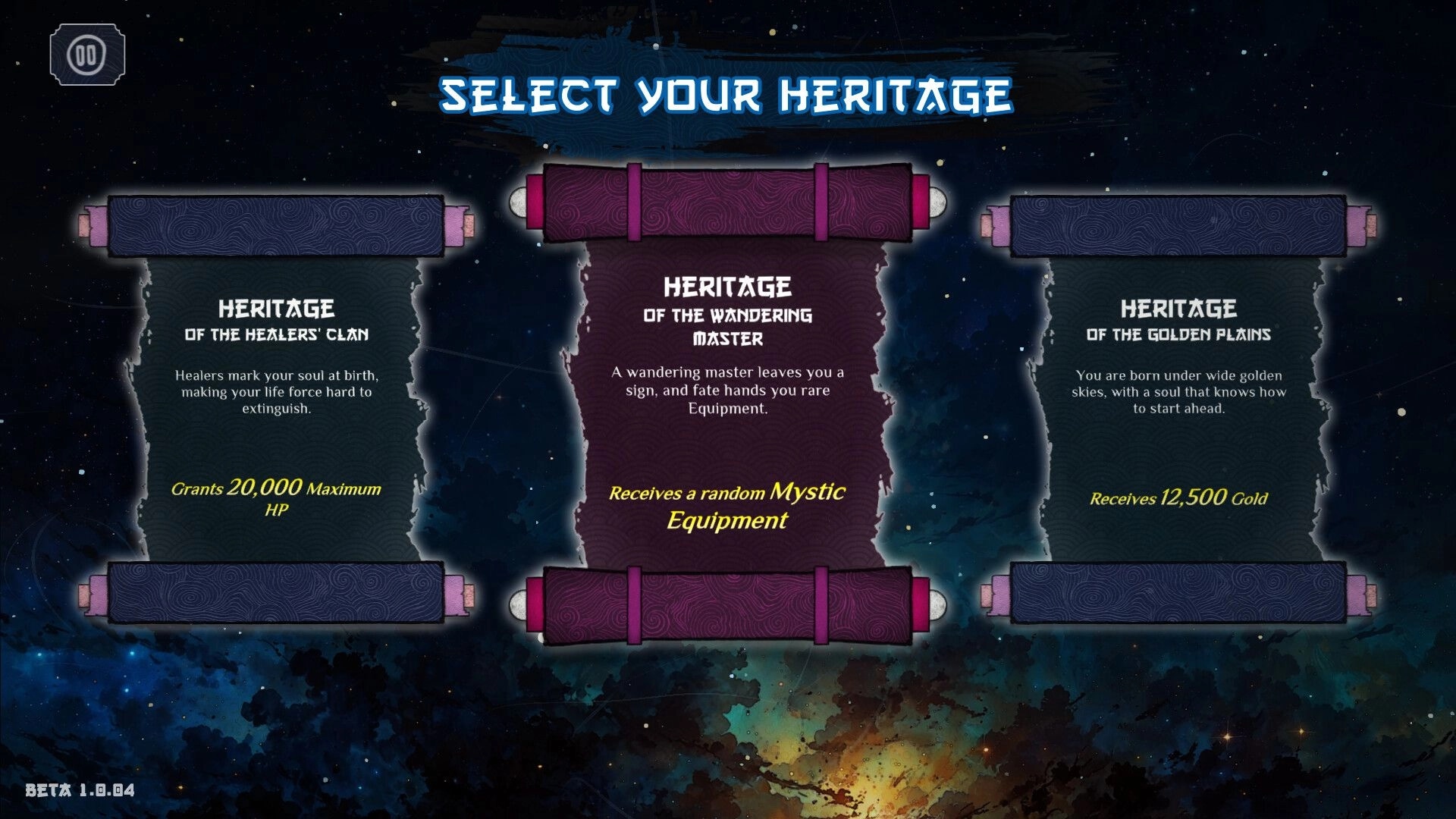 Heritage: Select Your Heritage menu with three scroll choices on a starry cosmic background UI.